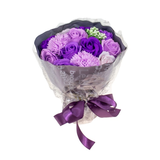 Buchet multicolor flori sapun Zilan, 11 trandafiri + 2 garoafe, dimensiuni 17x17x25 cm, CD4449-Mov