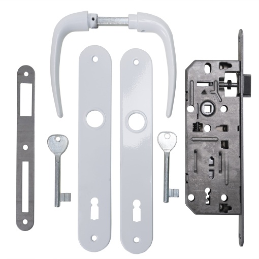Pachet broasca + maner Alb, cu sild clasic, pentru tamplarie lemn, 2 chei, pe cheie, 35-500, EXT5709