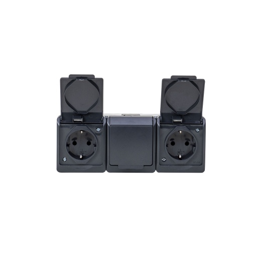 Priza tripla Zilan, cu capac negru, alimentare 16A/250V, IP44, 20x7.6x5 cm, ELPL-0326-07