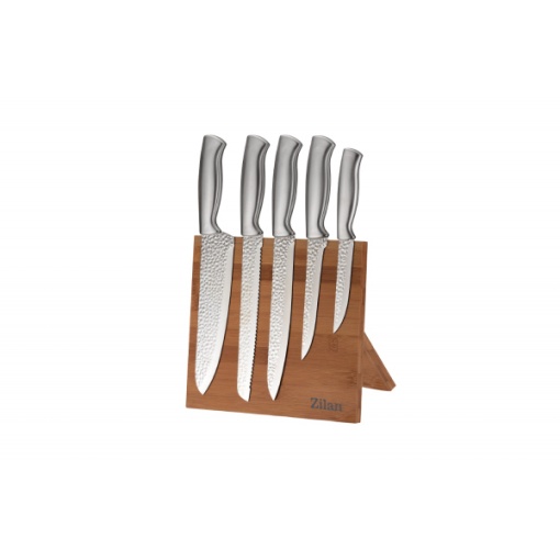 Set 5 cutite inox Zilan, chef 20 cm + paine 20 cm + feliat 20 cm + bone 12.7 cm + 9 cm, suport bambus, ZLN1641