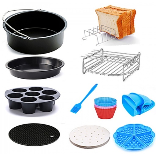 Set accesorii friteuza cu aer Zilan, 11 piese, diametru 18 cm, incluzand grill, frigaruie, tava plata, forma silicon, manusa silicon, pensula silicon, discuri ulei, tava adanca, suport paine, forma oua, ZLN8016