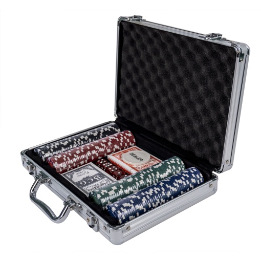 Set poker Z-tools, 200 jetoane, servieta aluminiu, 2 pachete carti, 5 zaruri, 25 jetoane rosii + 25 jetoane albastre + 25 jetoane verzi + 25 jetoane negre, PCS200-1