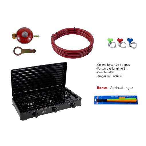 Aragaz pe gaz Zilan, 3 arzatoare, alimentare la butelie, metal emailat, 36x62x7 cm, ZLN0032B_N
