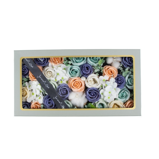 Aranjament floral Zilan, trandafiri sapun, hortensii, floare de bumbac, 120 cm, acvamarin + alb + bleu + piersica, CD4446-Pastel