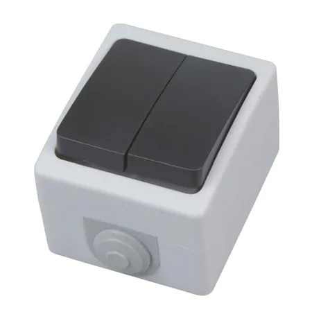 Intrerupator dublu aplicat Horoz Atom, 10A, 250V, IP54, gri/negru, 65x76x51 mm, EXT112-100-0006