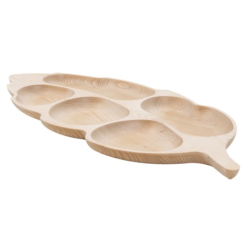 Platou din lemn de fag Zilan, forma frunza, 5 compartimente, elegant, natural, lungime 30 cm, latime 20 cm, inaltime 2 cm, EXT6177