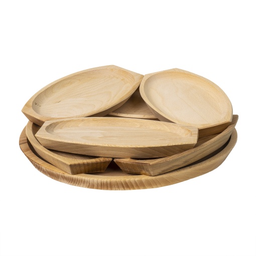 Set 6 farfurii din lemn cu platou Zilan, rotund, lemn fag, dimensiuni farfurie 23x12.5 cm, diametru platou 32 cm, cod EXT6082