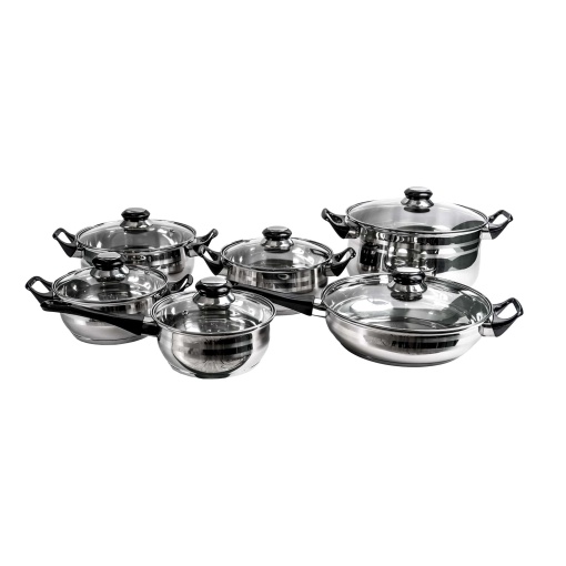 Set oale inox Floria, 12 piese, 4 oale + 1 cratita cu coada + 1 tigaie + 6 capace sticla, ergonomic, elegant, triplu stratificat, pentru toate sursele de caldura, 18x10.5 cm, 20x10 cm, 24x13.5 cm, 24x6.5 cm, 16x8 cm, ZLN4038