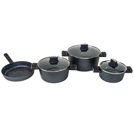 Set oale Zilan 7 piese din aluminiu, 3 oale 20x20x20 cm, 24x24x24 cm, 28x28x28 cm, tigaie 26x26x5 cm, 3 capace sticla termorezistenta, ZLN0959
