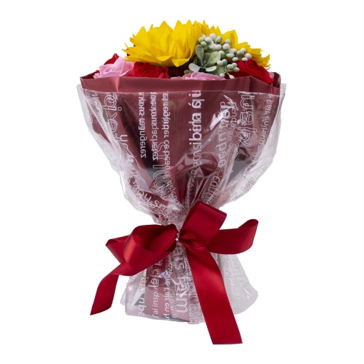 Buchet flori sapun Zilan, 11 trandafiri si floarea soarelui, rosu, parfum fin, 30x20x10 cm, CD4451_rosu