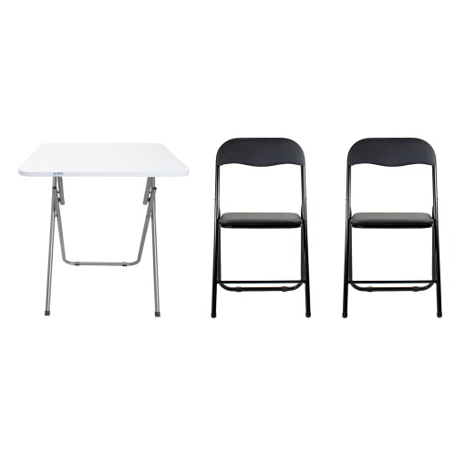 Masa plianta Zilan, blat MDF 60x60 cm, inaltime 72 cm, alb + 2 scaune pliante, metal, 100 kg, ZLN7002_2S