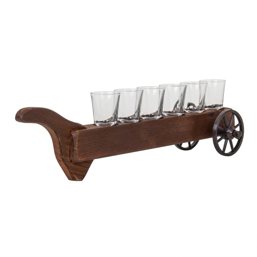 Pahar shot Zilan, set 6 pahare, suport lemn cu roti, 50ml, transparent/maro, inaltime 12 cm, cod EXT7127