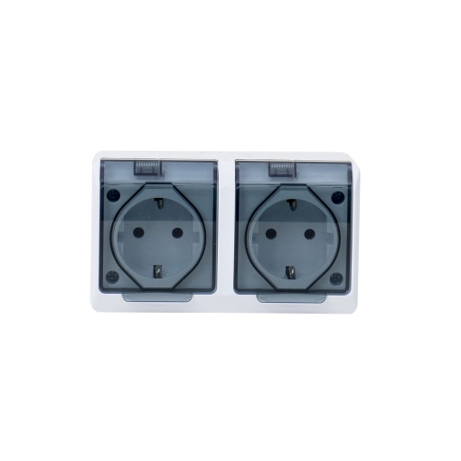 Priza dubla Zilan 16A/250V, 2 locasuri, alb cu capac transparent, IP44, 13x7.6x5 cm, ELPL-0325-01