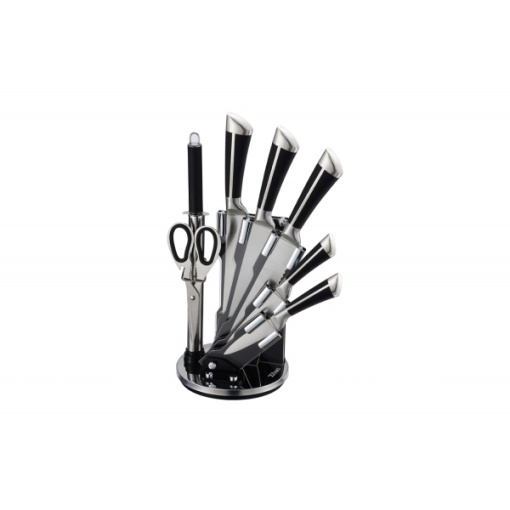 Set cutite Zilan 8 piese din otel inoxidabil, suport acrilic 360°, cutit chef 20 cm + cutit paine 20 cm + cutit feliat 20 cm + satar 18 cm + cutit utility 12.7 cm + cutit 9 cm + foarfeca, cod ZLN1634