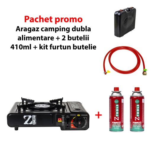 Aragaz camping Zilan, aprindere automata, alimentare la butelie, 2200W, 34x26x18 cm, pachet cu 2 butelii 410ml + furtun gaz 2.5m + kit alimentare, SET30060