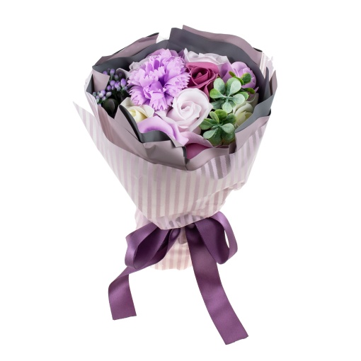 Buchet flori Zilan, 10 trandafiri + garoafe din sapun, multicolor, 25 cm, cod CD4452-Mov