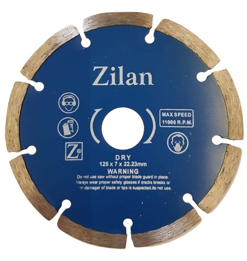 Disc diamantat segmentat Zilan 125x7x22.23mm, taiere uscata, pentru beton, granit, ceramica, viteza maxima 11000 r.p.m., ZLN1052