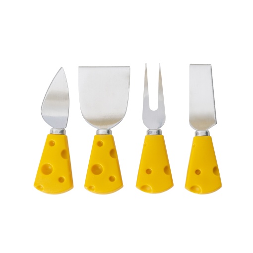 Set 4 cutite Zilan pentru cascaval din inox, 12 cm, cutit de dalta pentru branza moale + cutit subtire pentru branza semi-ferma + cutit de inima pentru branza tare + furculita pentru branza si masline, argintiu/galben, cod DSY1083