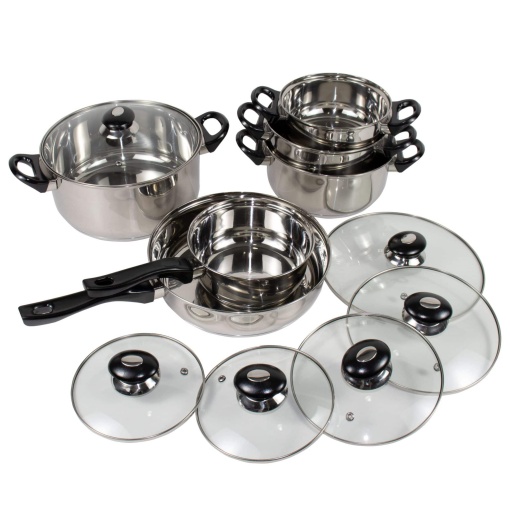 Set oale Zilan, 12 piese, 4 oale (5L+3L+2.2L+1.5L), 1 cratita cu coada (1.5L), 1 tigaie (3L), inaltime 11.5cm, diametru 24cm, inox lucios, cod ZLN1167