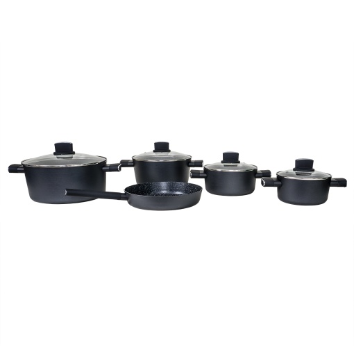 Set oale Zilan, 9 piese, aluminiu, 4 oale cu manere, 1 tigaie, capace sticla termorezistenta, 28x24x20x18 cm, ZLN0942