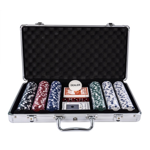 Set poker Z-tools, 300 jetoane, servieta aluminiu, 2 chei, 2 pachete carti, 5 zaruri, 50 jetoane rosii + 50 albastre + 50 verzi + 100 albe + 50 negre, 30x15x5 cm, PCS300