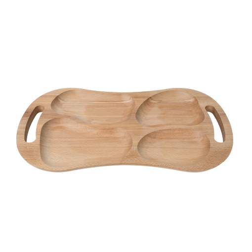 Tava asimetrica Zilan din lemn de fag, cu 4 compartimente, cu manere, 60x33 cm, EXT7021