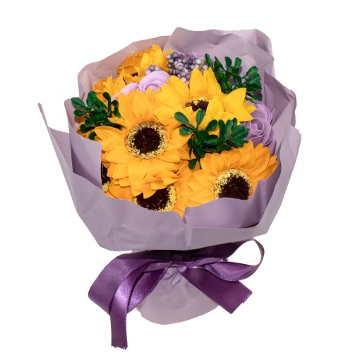 Buchet flori Zilan, floarea soarelui + trandafiri sapun, multicolor, inaltime 25 cm, 11 flori, CD4450-Mov
