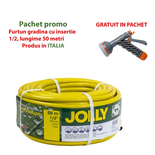 Furtun gradina Zilan, armat, insertie 1/2, lungime 50m, galben, flexibil, rezistent la radiatii UV si frig + pistol de udat 1/2″, EXT9662_1