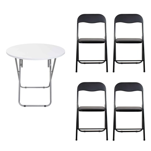 Masa plianta rotunda Zilan 70x70cm, alb, cu blat mdf si picioare metalice, 4 scaune pliant, ZLN6944_4S