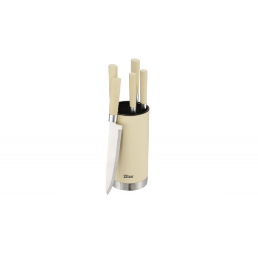 Set cutite inox Zilan, 5 piese, cu suport crem, 20 cm cutit chef, 20 cm cutit paine + 20 cm cutit feliat + 12,7 cm cutit utility + 9 cm cutit mic, ZLN1610