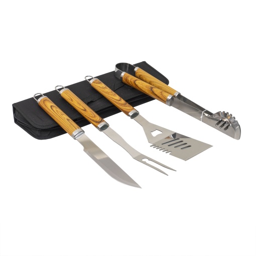 Set gratar Zilan 4 piese inox, maner lemn, borseta depozitare, 43x13x6 cm, 2kg, ZTS8329
