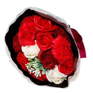 Buchet flori Zilan, 11 trandafiri + 2 garoafe din sapun, parfum fin, inaltime 25 cm, diametru 17 cm, CD4449-Rosu - Img 2