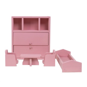 Mobila dormitor din lemn pentru papusi Zilan, roz, dulap 27x24x7 cm, pat 34x10x6 cm, masa 12x7x5 cm, fotoliu 6x7x6 cm, EXT10780 - Img 1