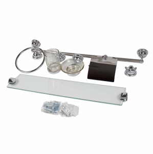 Set suporturi cromate Z-tools, suport prosop 60 cm, agatatoare halat, suport hartie igienica cu capac, savoniera sticla transparenta, pahar sticla transparent, polita sticla 48,5 cm, inel prosop, 18x59x7 cm, CC9764 - Img 2