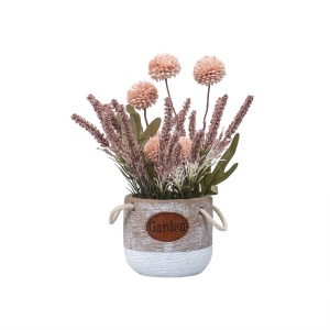 Aranjament floral Zilan, crizantema si lavanda, ceramic ghiveci somon, 12x12x27 cm, ZTS8054