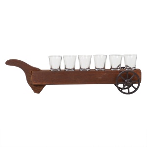 Pahar shot Zilan, set 6 pahare, suport lemn cu roti, 50ml, transparent/maro, inaltime 12 cm, cod EXT7127 - Img 2