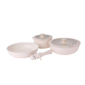 Set 5 piese ceramica Zilan, 2 oale (20cm, 1.6L + 28cm, 2.5L) + tigaie 27cm, crem, usor de curatat, baza inductie, 32x30x15 cm, ZLN0965 - Img 2