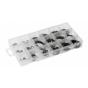 Set 150 inele de blocare HOGERT din otel pentru arc, 18 dimensiuni, cutie cu compartimente, HT8G502