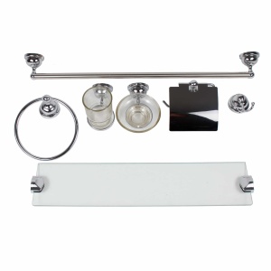Set suporturi cromate Z-tools, suport prosop 60 cm, agatatoare halat, suport hartie igienica cu capac, savoniera sticla transparenta, pahar sticla transparent, polita sticla 48,5 cm, inel prosop, 18x59x7 cm, CC9764 - Img 1