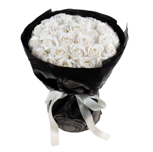 Buchet flori love, 33 trandafiri din sapun, alb, inaltime 35 cm, rotund, CD4453-Alb - Img 1