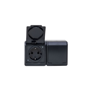 Priza dubla HERMES, 2 locasuri, alimentare 16A/250V, alb cu capac negru, 130x76x50 mm, ELPL-0325-07