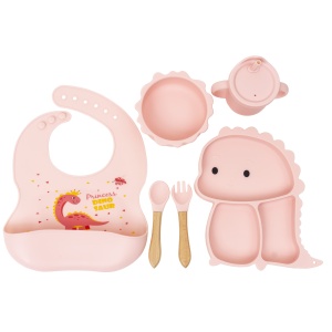 Set hranire bebelus Z-TOOLS, 6 piese silicon dinozaur roz, farfurie compartimentata 23x18x2.5 cm, bol cu capac 13x5 cm, baveta ajustabila 32x23 cm, tacamuri 14x3.5 cm, canita antrenament 8x9 cm, ZTS9095