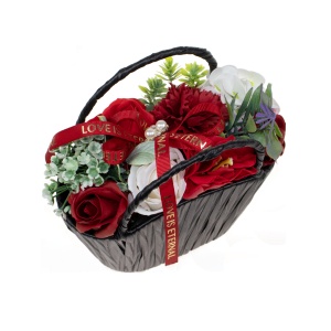 Aranjament floral cu trandafiri de sapun love, flori: trandafiri, bujori, garoafe, hortensii, inaltime: 17 cm, numar total de fire: 10, cod produs: SF077-Alb-Rosu - Img 2