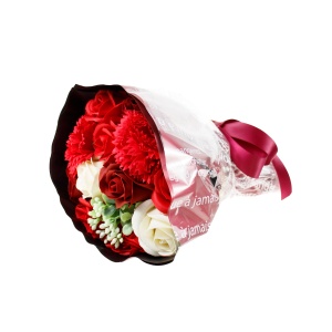 Buchet flori Zilan, 11 trandafiri + 2 garoafe din sapun, parfum fin, inaltime 25 cm, diametru 17 cm, CD4449-Rosu - Img 3