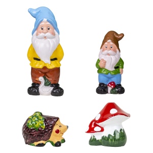 Set decor gradina Zilan, pitic 20 cm + pitic 30 cm + ciuperca 15 cm + arici 12 cm, ceramic, EXT10243 - Img 1