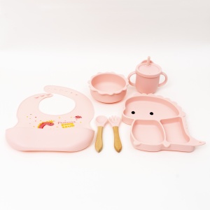 Set hranire bebelus Z-TOOLS, 6 piese silicon dinozaur roz, farfurie compartimentata 23x18x2.5 cm, bol cu capac 13x5 cm, baveta ajustabila 32x23 cm, tacamuri 14x3.5 cm, canita antrenament 8x9 cm, ZTS9095 - Img 2