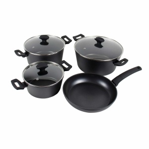 Set oale Zilan, aluminiu cu strat neaderent, 3 oale 20x9 cm + 24x12 cm + 28x13 cm + tigaie 26x5 cm + 3 capace sticla termorezistenta, compatibil cu toate sursele de caldura, ZLN3277 - Img 1