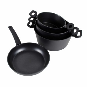 Set oale Zilan, aluminiu cu strat neaderent, 3 oale 20x9 cm + 24x12 cm + 28x13 cm + tigaie 26x5 cm + 3 capace sticla termorezistenta, compatibil cu toate sursele de caldura, ZLN3277 - Img 2