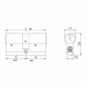 Cilindru Feroneria 60 mm, cu 3 chei, finisaj auriu, dimensuni 20x30 mm, pachet EXT7432 - Img 2