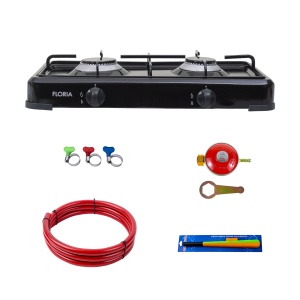 Pachet aragaz 2 ochiuri, 51×28 cm plus (ceas pentru butelie, 2 m furtun pentru gaz, 3 coliere pentru furtun, aprinzator) negru / ZLN 7128_1 - Img 1